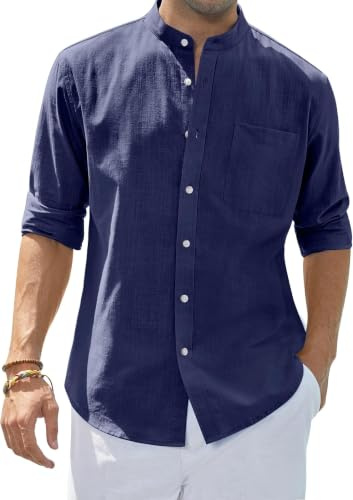 siliteelon Men's Shirts Grandad Collar Long Sleeve Banded Collar Linen Shirts Regular Fit Beach Shirt with Pocket