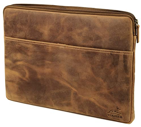 Fa.Volmer ® 13 Zoll MacBook Pro Laptop Hülle aus edlem Büffelleder - Braun - mit Metall-Reißverschluss - Gepolstert - Innenmaße: 32x22x2 cm
