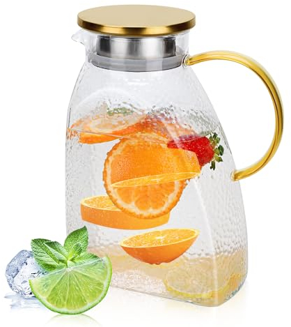 Aoreun 1.8 L Jarra de Agua, jarra de vidrio de borosilicato alto con tapa de acero inoxidable, Jarra cristal para agua, jarra a prueba de fugas, Jarra agua Frigorifico para Bebidas Frías o Calientes