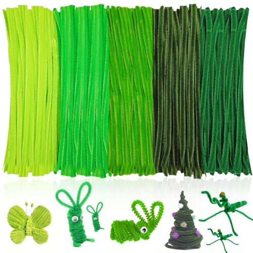 200 Stück 5 Verschiedene Grün Pfeifenputzer Bunt zum Basteln, Pfeifenreiniger zum Basteln, Chenilledraht, für Kreative DIY-Projekte und Basteldeko