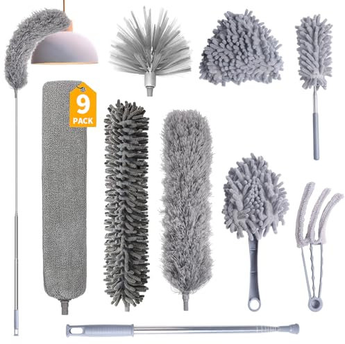 Spolverino per Polvere Set 9 Pezzi, WDAFLG Togli Ragnatele Allungabile 42-250 cm, Spolverino Telescopico Sfoderabile e Lavabile, per Pulire Polvere, Soffitti, Tapparelle, Ragnatele