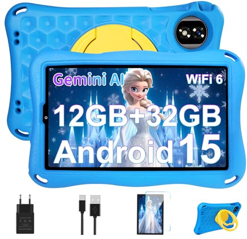 Tablet Bambini 9 Pollici Android 15 Tablet con Gemini AI, 12GB RAM+32GB ROM/TF 2TB, Octa-Core, 2.0GHz, 5G WiFi 6, BT5.0, 8+5MP,5000mAh,Widevine L1,Parentale Controllo Tablets con Eva Caso-Blu