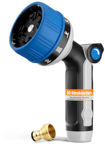rainfactory Pistola irrigazione giardino - Pistola da giardino in metallo con 10 getti regolabili - Alta pressione con controllo a pollice - Lancia tubo acqua con adattatore in ottone multifunzione