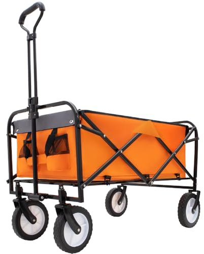 Collapsible Steel Wagon Cart with All-Terrain Wheels and Secure Strapping System for Outdoor, Beach, Camping, Gardening, Shopping (Orange + Steel + Garden & Outdoor)