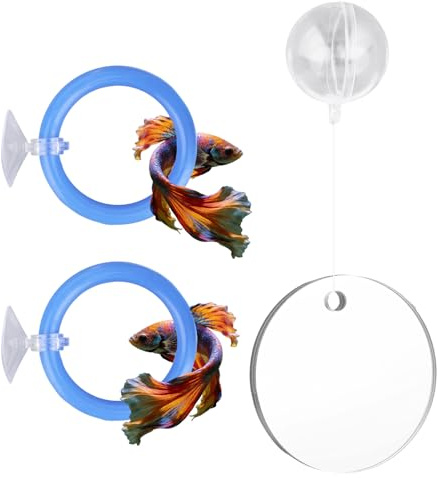Fukaisu Juego de Accesorios para Acuario Betta, Incluye 1 Espejo con Bola Flotante 2 Anillos de Entrenamiento y un Anillo Alimentación para Enriquecer el Acuario (Azul)