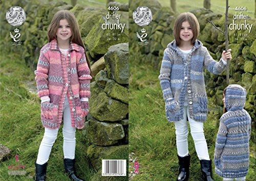 King Cole Girls Chunky Knitting Pattern - Ribbed & Cable Detail Coats with a Collar or Hood (4606)