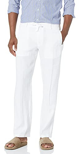 Perry Ellis Men's 100% Linen Drawstring Casual Pants For Men, Regular Fit, Lightweight (Waist Size 29-54 Big & Tall), Bright White, 32W x 32L