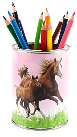 Pot à crayons, motif de chevaux, rose, avec 12 crayons de couleur triangulaires, pour enfants, filles