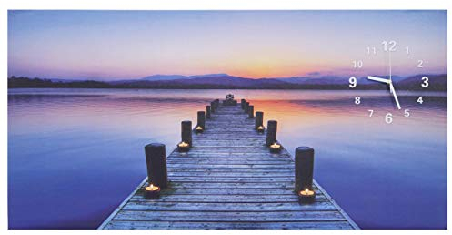 Mendler LED-Bild, Leinwandbild Leuchtbild Wandbild, Timer Steg flackernd Wanduhr 110x55cm