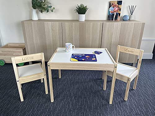 MakeThisMine Personalised Kids Wooden Table and Chairs Set – Custom Engraved Names, 1-4 Chairs, Premium Pine, Sturdy & Ideal for Childrens Playrooms and Nurseries (2 Chairs, Back Engraving)