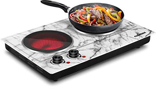 CUSIMAX Hot Plate, 1800W Double Burner Electric Hot Plate for Cooking, Dual Control Portable Infrared Stove Countertop Cooktop, Heat-up in Seconds, Stainless Steel White Marble