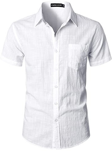 PARKLEES Men's Fitted Cotton Linen Casual Short Sleeve Button Up Shirts Lightweight Beach Tops with Pocket EU-PZLSC34-White X-Large