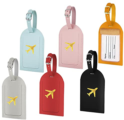 AMANMAN Kofferanhänger Flugreise 6 Stück PU Leder Gepäckanhänger ID Etikett mit Namensschild Adressschild Koffer Anhängeetiketten Fluganhänger Koffer Schild Reise für Gepäck Tasche Handtasche 6 Farben