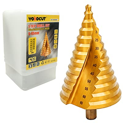 YOKOCUT 6-65 mm HSS Spiral Grooved Step Drill Bit for Metal, Steel, Plastic, Wood - Large Titanium Cone Drill Bit Hole Cutter, 13 Steps