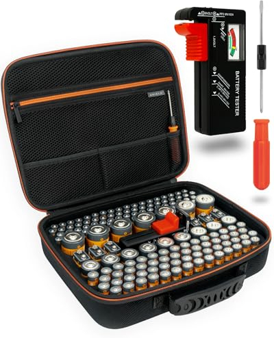 AKIELO+ Organizer Batterie con Tester e Cacciavite Inclusi – Custodia Organizzatore (Edizione Max – Oltre 150+) – Contenitore Compatto per Pile e Batteria AAA, AA, C, D, 9V (Non Inclusa)