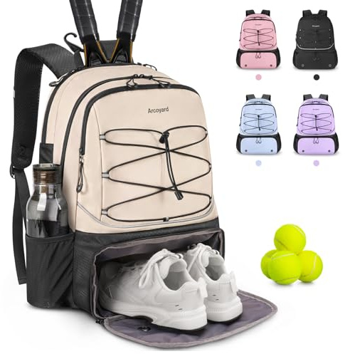 Arcoyard Tennis Bag, Large Tennis Bags For Women, Tennis Backpack with Ventilated Shoe Compartment and Insulated Pocket, Hold 2 Tennis Pickleball Rackets, Tennis Pickleball Balls and More, Beige