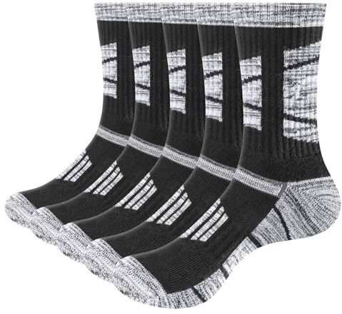 YUEVO SPORTS Mens Socks Black Breathable Wicking Padded Work Socks For Men 9-12, Cushioned Walking Sports Sock Mid Calf Thick Cotton Safety Boot Sock, 5 Pairs