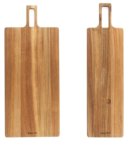 Salter Toronto Serving Board Set – 60/55 cm Wooden Pizza Peel, Large Grazing Boards, FSC®- Certified Acacia Wood, Charcuterie Paddle with Serving Handle, Hanging Hoop, Easy to Clean, COMBO-9290