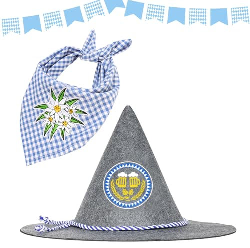 MONCAP 2 Stück Oktoberfest Trachtenhut mit Trachtentuch Bayerischer Seppelhut Bayern Filzhut Oktoberfest Accessoires für Herren Damen Oktoberfestparty Geschenk Bierfest Mottopartys