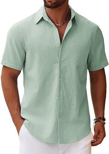 COOFANDY Camicia da Uomo a Maniche Corte Camicia Estiva in Lino Camicie in Cotone con Taschino Camicie a Maniche Corte da Spiaggia Casual Vacanze Verde L