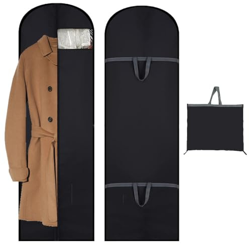 1 Pack Long Dress Bags Covers Dust ProofClothes Covers, Translucent Window Lightweight Foldable Washable Black Hanging Garment Bags with Handle for Coat Gowns,Dresses,Shirts,Jackets(Black)