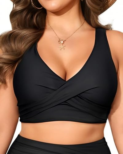 Women Plus Size Bikini Top - Black Twist Front Swimsuit Top Push Up Full Coverage Bathing Suit 2025 Swim Bra for Large Bust 14W