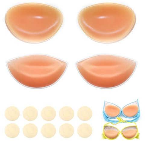 2 Pairs Silicone Breasts Insert Pads, Chicken Fillet Bra Inserts with 10 Pcs Adhesive Nipple Covers Reusable Soft Bra Inserts Breast Enhancers Push Up Booster Pads for Bikini Swimsuit