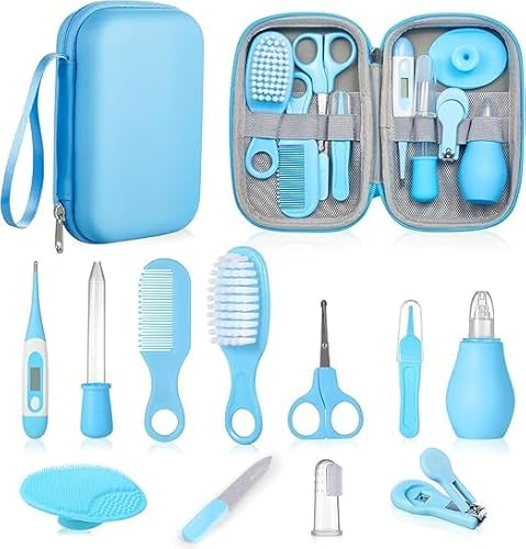 Kit per la cura del bambino e la cura della casa, 12 pezzi, set di sicurezza per neonati con spazzola per capelli, pettine, tagliaunghie e altro ancora, per neonati e bambini (blu)