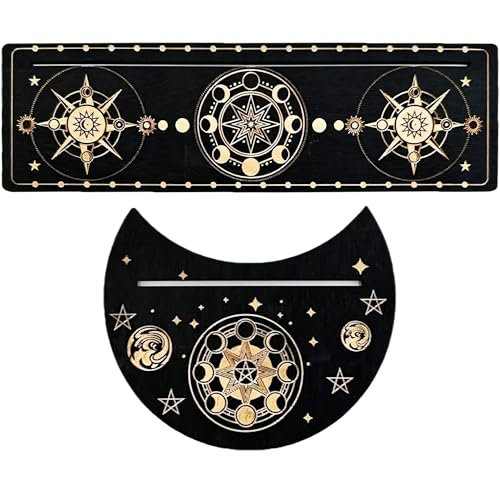NHQ 2 Piezas Soporte de Carta Tarot de Madera,Soporte de Madera para Cartas de Tarot,Soporte Negro para Cartas de Tarot,Herramienta de Adivinación,Soporte de Altar,Formas de Luna Y Rectángulo(B)