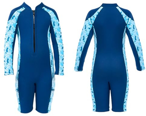 Fitcue Kids Wetsuit for Boys Girls 2.5mm Front Zipper Shorty Wet Suits Long-Sleeve Neoprene One-piece Swimsuit for Diving Surfing Swimming, Blue, Small