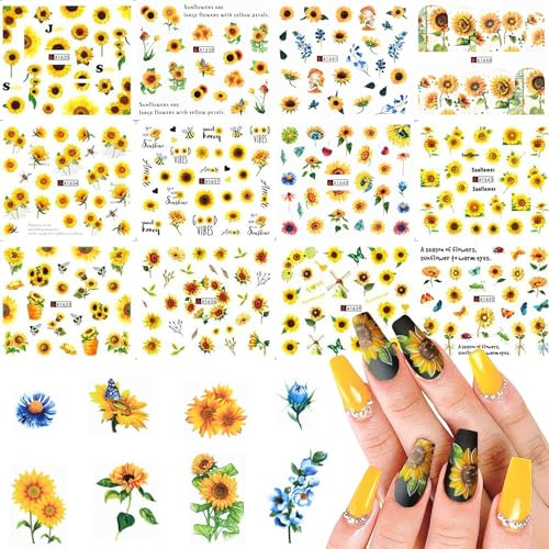 12 Fogli Adesivi per Unghie Girasole, Adesivi Unghie Estate Stickers Unghie Autoadesivi, Sticker per Unghie Fiori, Sticker Unghie Margherite, Adesivi Unghie Fiori 3D per Decorazione Unghie Fai da Te