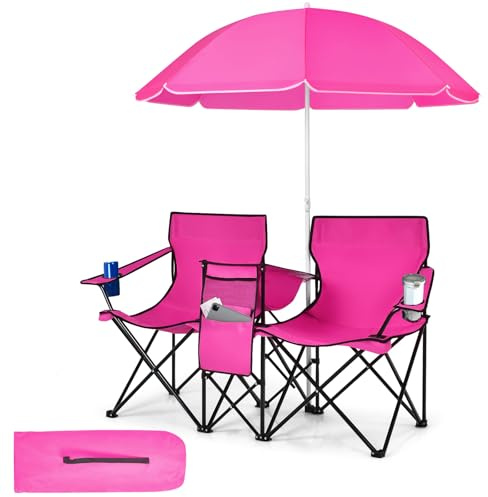 KOMFOTTEU Silla de Camping Plegable con Sombrilla, Silla de Pesca de 2 Plazas con Portavasos y Bolsa Nevera, Asiento Portátil con Bolsa de Transporte, Silla Doble de Playa, Picnic (Rosa)