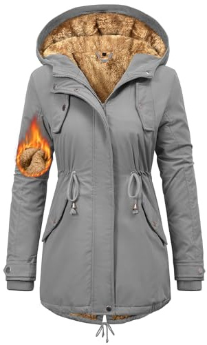 Nadeer Parka Donna Invernale Cappotti Caldo Giacca con Cappuccio Media Lugghezza Hoodies Impermeabile Cappotto Imbottito Giubbotto con Tasche(Grigio chiaro,S)