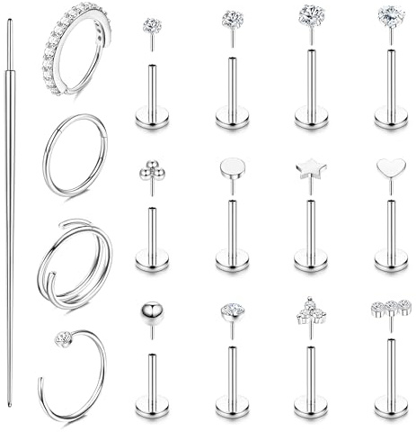 KRFY 16 Pezzi Piercing Orecchio Trago ipoallergenici Piercing Naso Brillantino Acciaio Chirurgico 316L Medusa Septum Helix Labbro Piercing Argento Orecchio 18G