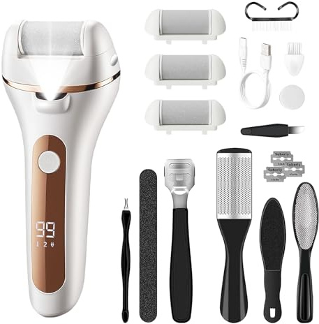 Electric Foot Callus Remover Rechargeable Pedicure Kit with 3 Roller Heads 2 Speed IPX6 Waterproof Foot File Pedicure Tools Professional Foot Care for Dead Cracked Dry Skin White