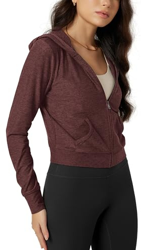 ODODOS Women's Full-Zip Cropped Hoodie - odSTRATUM Tech Ultra Soft UPF 50+ Hooded Jacket with Pockets, Java Heather, Small
