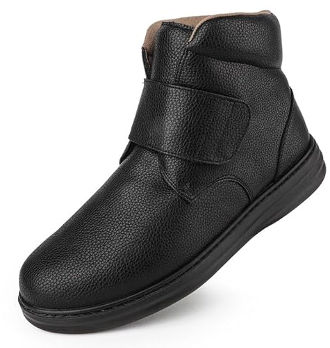 TIESTRA Men’s Extra Wide Winter Boots with Velcro Strap Warm Lined Leather Ankle Shoes for Elderly & Diabetic Feet Non-Slip Comfortable Boots for Cold Weather Black 44EU/10UK