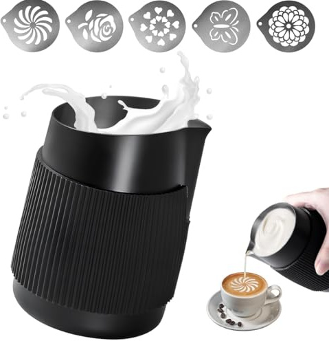 Fuhesgu Tazza ricamata con apertura appuntita e apertura angolare Brocca per Latte in Acciaio Inox con 5 Stencil di Caffè in Acciaio Inossidabile, 420 ML Bricco Latte Professionale