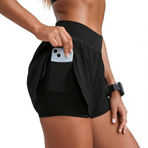 InfiniZer Women's 2 in 1 Swim Shorts with Pockets Ladies Quick Dry Swimming Shorts High Waisted Bathing Suit Swim Bottoms with Liner (UK, Alpha, S, Regular, Regular, Black)