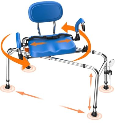 Silla de Ducha giratoria 360° y Deslizante. Soporta 204 kg, Altura Ajustable, reposabrazos Acolchados, pies Antideslizantes. Banco de Transferencia para bañera. (Azul Oscuro)