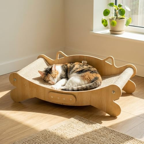 Cat Scratching Board Sisal Cat Scratcher Bed 160° Curved Design, Solid Beech Wood & Sisal Pad Cats Scratch Board, Pet Furniture for All Cats Protecting Furniture Scratching Mat Extra-Large 59x32x16cm
