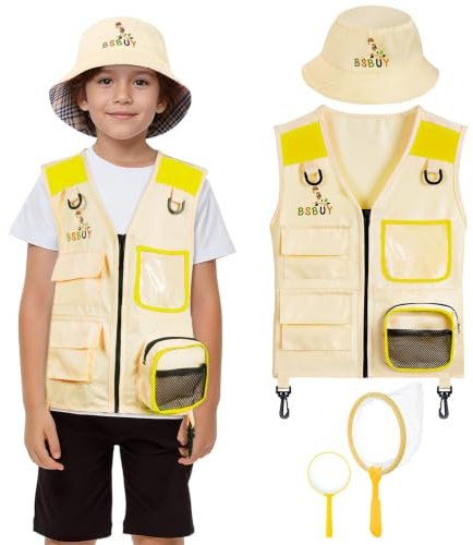BSBUY Explorer-kit för barn, pojkscout-dräkt med förstoringsglas, hinkhatt och insektsnät upptäcktsväst för flickor, present till 3–8 år gamla barn