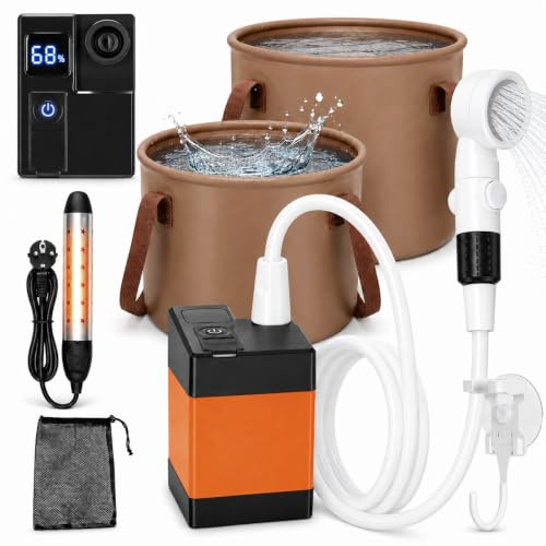 Ducha portátil de camping con calefacción, cubo de 20 L y calentador de inmersión, bomba de ducha recargable para camping con 5200 mAh, 3 modos de cabezal de ducha con parada de agua, IPX7 al aire