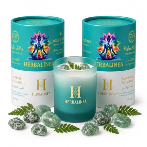 HERBALINEA Vela Chakra de Soja 100% con Piedras Naturales y Flores Secas, Vela Aromática para Meditación, Yoga, Relajación y Decoración, Regalo Original, 160 g (Turquesa - Chakra Garganta)