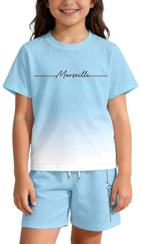 Generico Completo Estivo Casual a Due Pezzi con Stampa Sfumata di Lettere per Bambini e Bambine. (Light Blue, 7-8 Years)