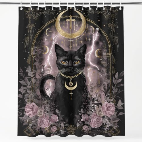 Gotiskt mystiskt duschdraperi 180 H x 180 B cm svart katt gyllene måne rosor lila natt djur porträtt duschdraperier med krok, badrumsgardin polyester vattentät antimögel badrum gardiner