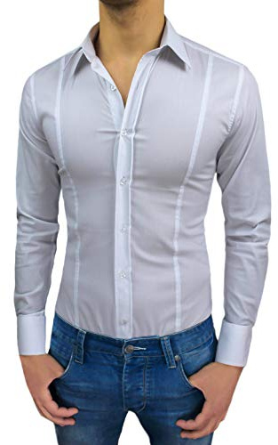 Camicia Uomo Elegante Casual Slim Fit Elasticizzata Aderente (L, Bianco)