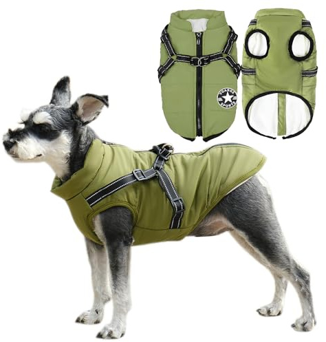 Voarge Hundejacke Winterweste Jacken, Hundemantel mit Geschirr für Kleine Hunde Hundemantel Wasserdicht Maschinen Waschbarer Reflektierender Streifen Design Haltbarer D-Ring (Grün, M)