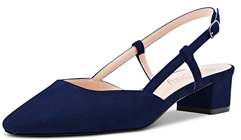 NobleOnly Donna Chunky Blocco Basso Gattini Tacco Heel Quadrata Punta Sandali Slingback Slip-on Pumps da Matrimonio Cute Scarpe Blu Navy 43 EU