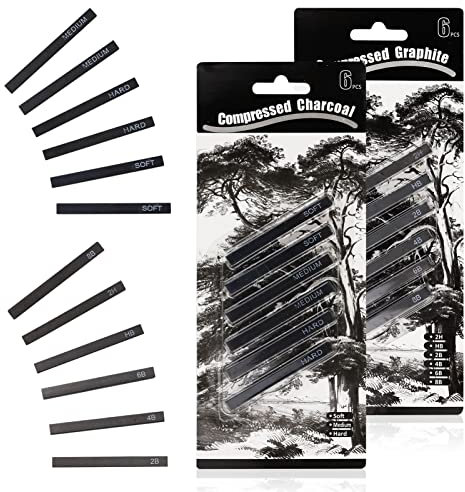 12 Stück Graphit Material Sticks Quadrat Komprimierte Kohlestifte Zeichenstifte Set für DIY Zeichnen Handwerk Skizzieren Schattieren Anfänger und Künstler